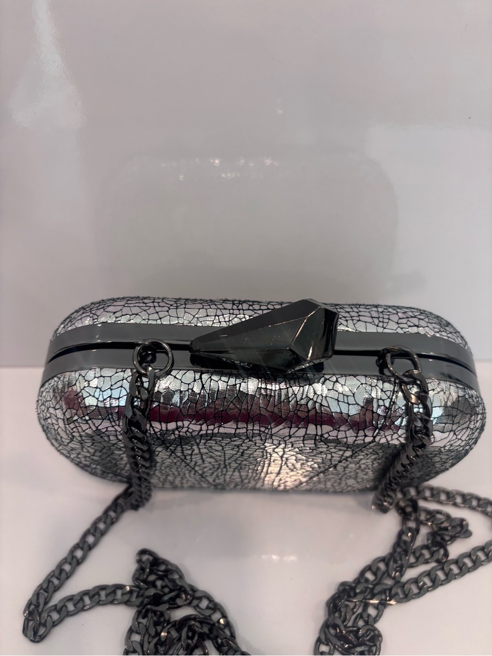 Silver Crackle Hard-Case Evening Clutch with Black Chain by limited edition - Picture 3 of 8